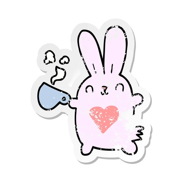 一个可爱的卡通兔子与爱的心和咖啡杯苦恼的贴纸 — 图库矢量图片