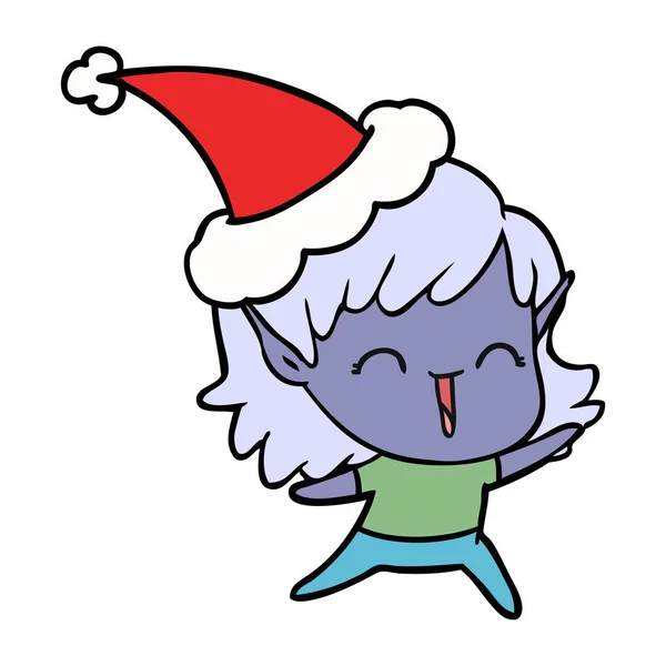 Dibujo Línea Dibujado Mano Una Chica Elfa Con Sombrero Santa — Vector de stock