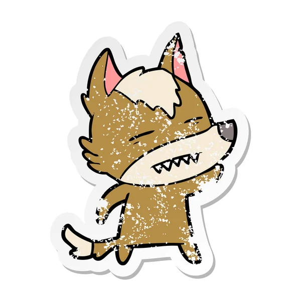 Verontruste sticker van een cartoon wolf zwaaien weergegeven: tanden — Stockvector