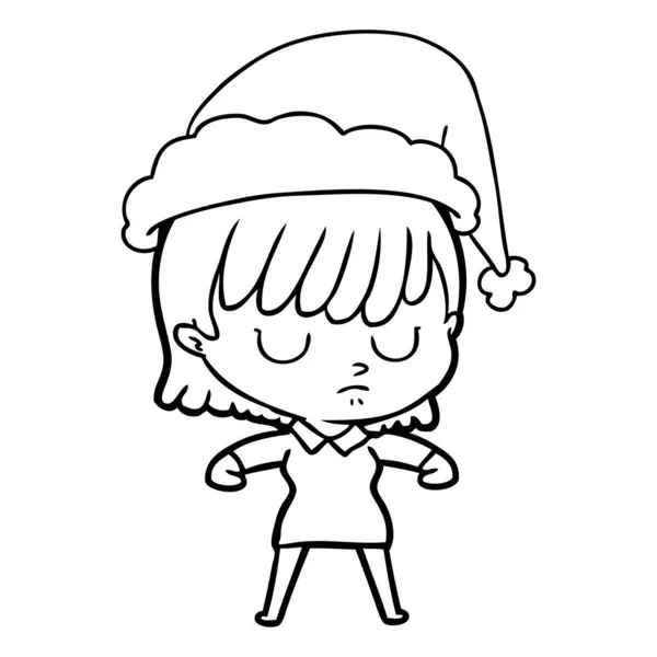 Hand Drawn Line Drawing Woman Wearing Santa Hat — Stock Vector