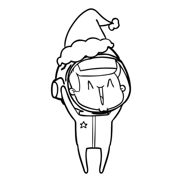 Happy Hand Drawn Line Drawing Astronaut Wearing Santa Hat — Stock Vector