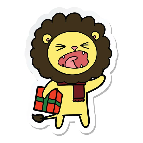 Sticker Cartoon Lion Christmas Present — Stock Vector