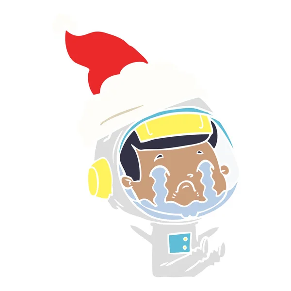 Ilustración a color plano de un astronauta llorando con sombrero de santa — Archivo Imágenes Vectoriales