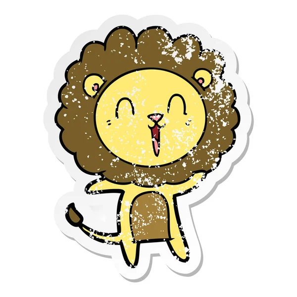 Verontruste Sticker Van Een Lachende Leeuw Cartoon — Stockvector