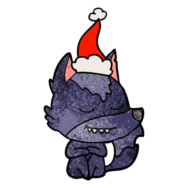 Friendly Hand Drawn Textured Cartoon Wolf Sitting Wearing Santa Hat — Stock Vector