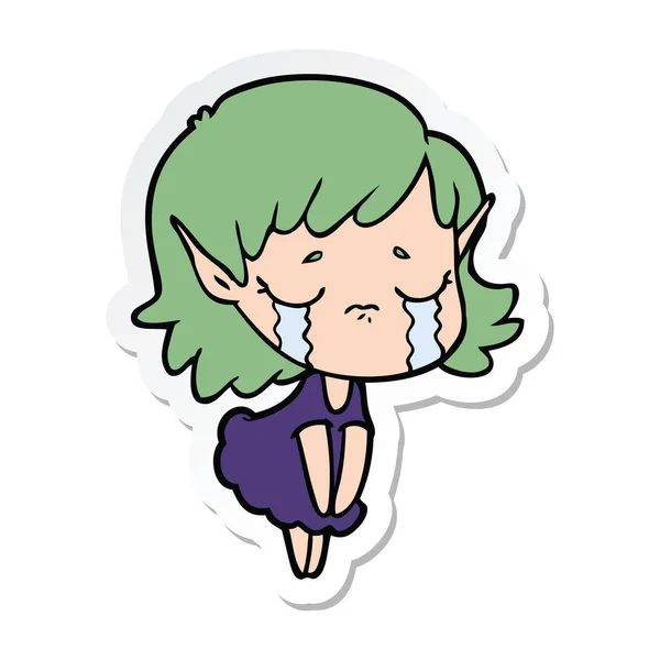 Sticker Cartoon Crying Elf Girl — Stock Vector