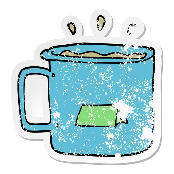 Distressed Sticker Cartoon Camping Mug — Stock Vector