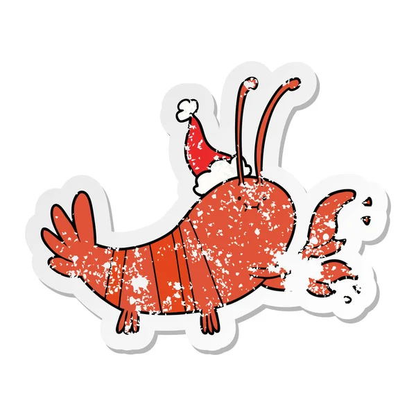 Von Hand Gezeichneter Aufkleber Karikatur Eines Hummers Mit Weihnachtsmütze — Stockvektor
