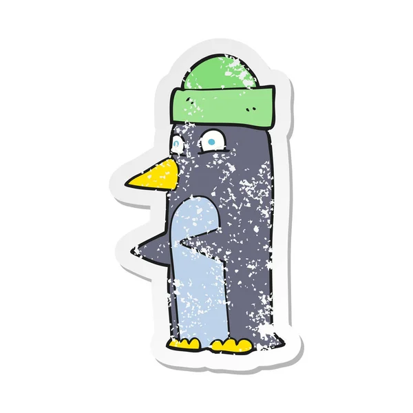 Pegatina Retro Angustiado Pingüino Dibujos Animados Con Sombrero — Archivo Imágenes Vectoriales