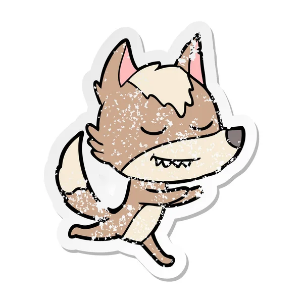 Distressed Sticker Friendly Cartoon Wolf Running — Stock Vector