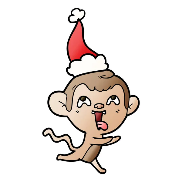Verrückte Handgezeichnete Gradienten Karikatur Eines Affen Der Mit Weihnachtsmütze Läuft — Stockvektor