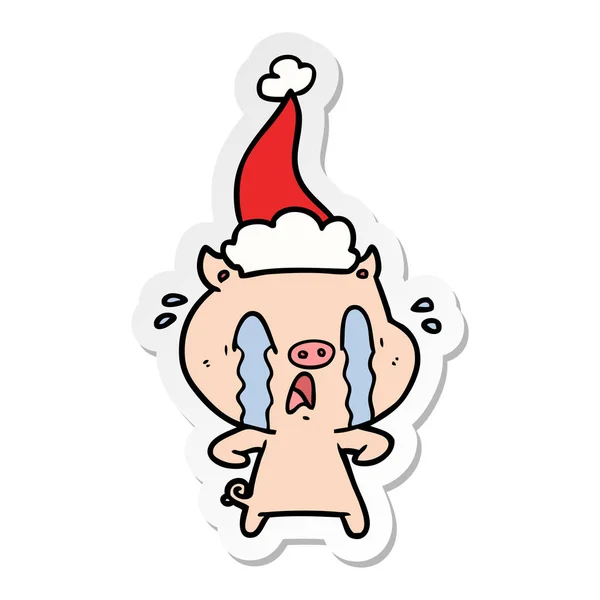 Autocollant Porc Pleurant Dessiné Main Dessin Animé Chapeau Père Noël — Image vectorielle