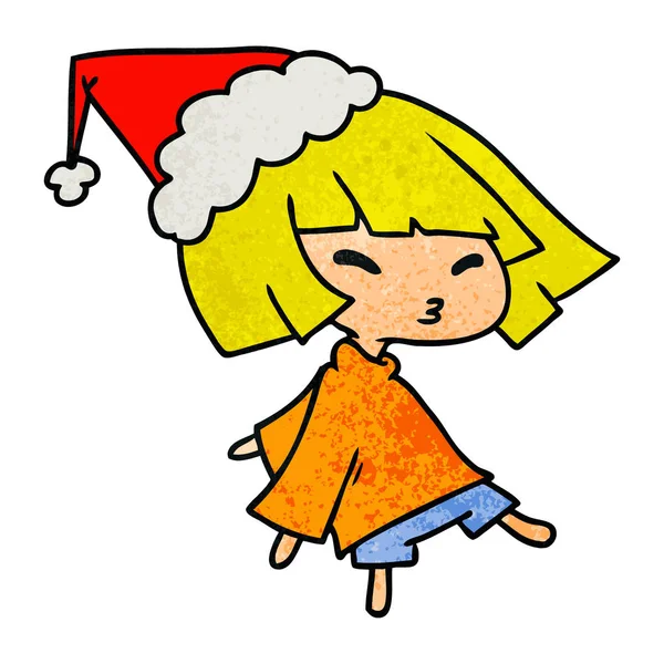 Dibujado Mano Navidad Con Textura Dibujos Animados Chica Kawaii — Vector de stock