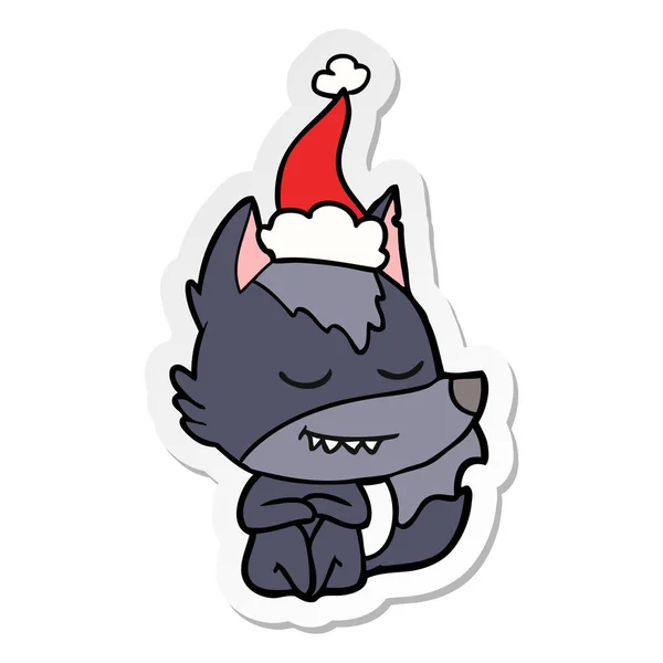 Freundliche Handgezeichnete Aufkleber Karikatur Eines Wolfes Mit Weihnachtsmütze — Stockvektor