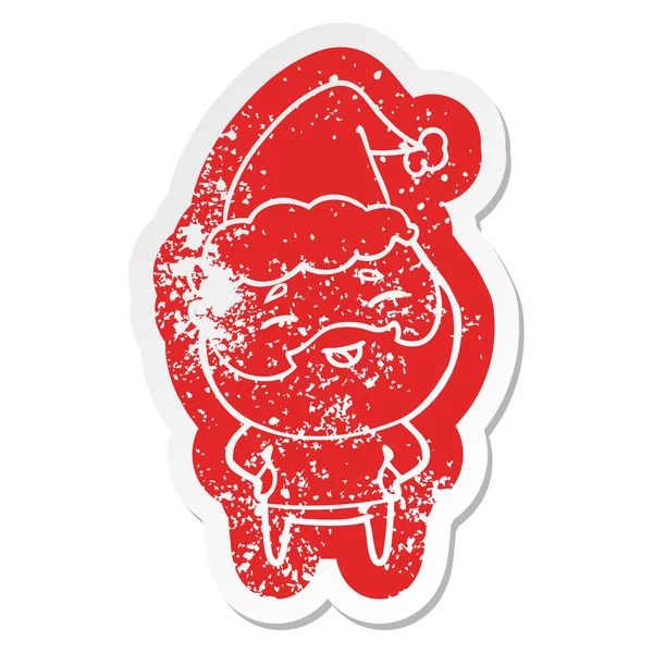 De noodlijdende sticker cartoon van een gelukkig bebaarde man dragen van santa — Stockvector