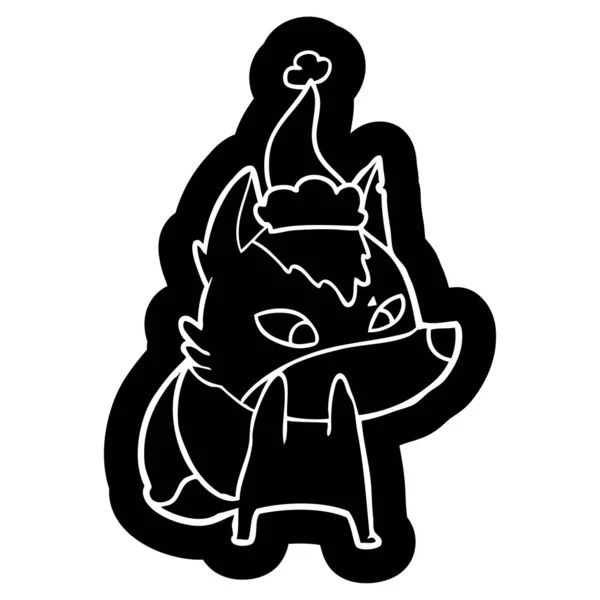 Blyg tecknad ikon av en varg som santa hatt — Stock vektor
