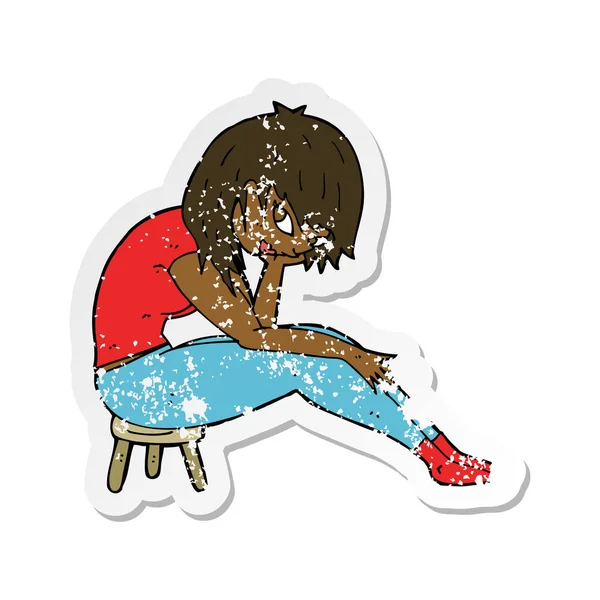 Retro Distressed Sticker Cartoon Woman Sitting Small Stool — Stock Vector