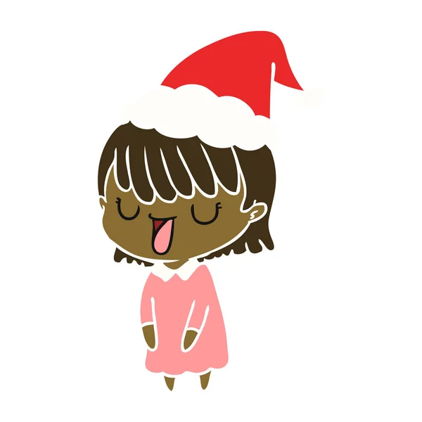 Ilustración Color Plano Dibujado Mano Una Mujer Con Sombrero Santa — Vector de stock