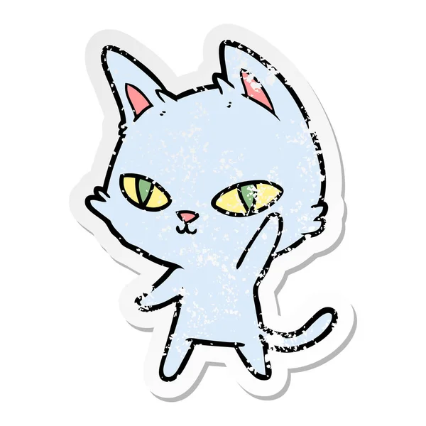 Distressed Sticker Cartoon Cat Waving — Stock Vector