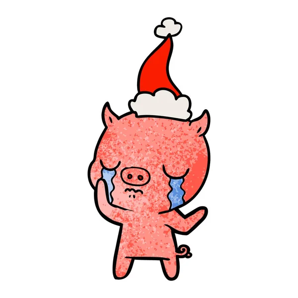 Handgezeichnete Texturierte Karikatur Eines Weinenden Schweins Mit Weihnachtsmütze — Stockvektor