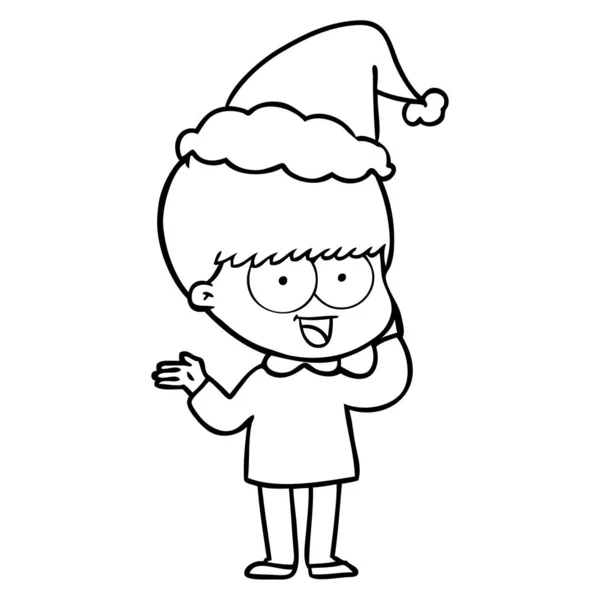 Dibujo Línea Dibujado Mano Feliz Niño Con Sombrero Santa — Vector de stock