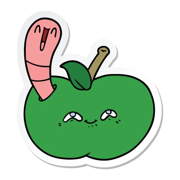 Pegatina de un gusano de dibujos animados en manzana feliz — Vector de stock