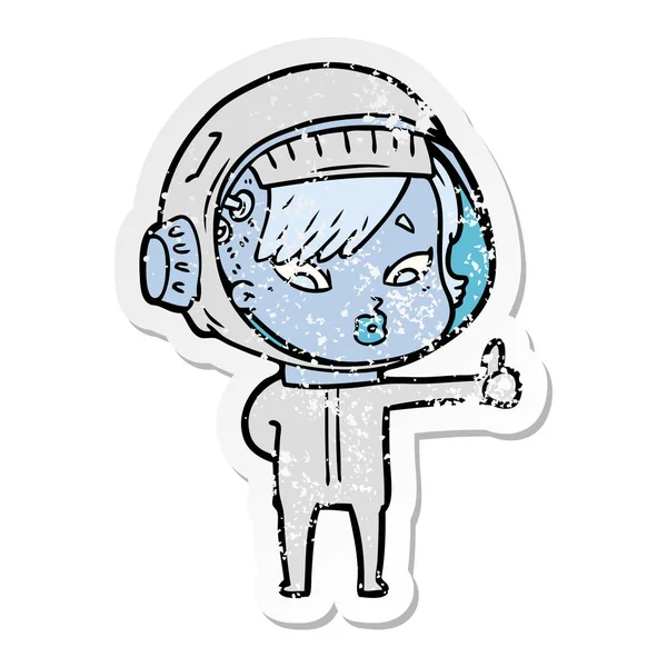 Distressed Sticker Cartoon Astronaut Woman — Stock Vector