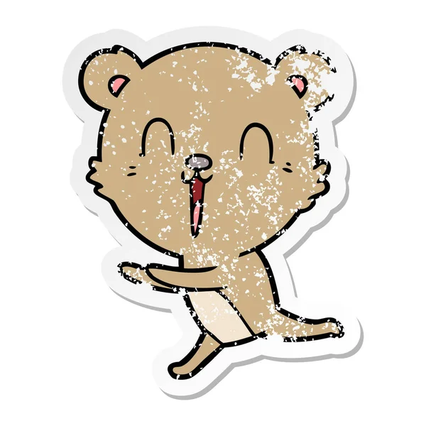 Distressed Sticker Happy Cartoon Bear — Stock Vector