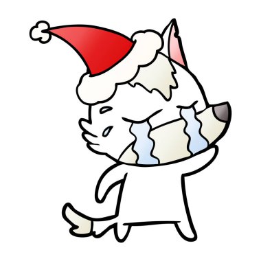 Noel Baba şapkası giyen ağlayan kurt degrade çizgi film el çekilmiş