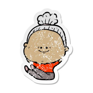 bir karikatür mutlu yaşlı kadının sıkıntılı etiket