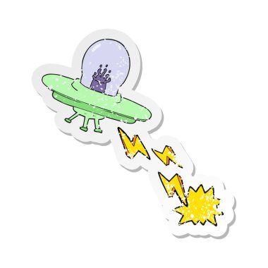 Retro sıkıntılı etiket bir karikatür uçan daire