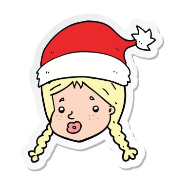 Noel şapka giyen bir çizgi film kız etiketi