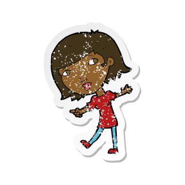 Retro sıkıntılı etiket takip etmek el hareketi bir karikatür mutlu kız