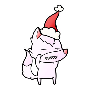 Noel Baba şapkası giyen diş gösterilen kurt degrade çizgi film el çekilmiş