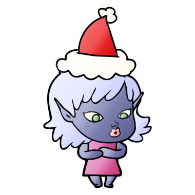 Noel Baba şapkası giyen bir elf kızın oldukça degrade çizgi film