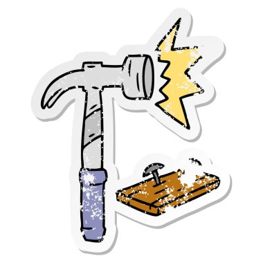 sıkıntılı etiket karikatür doodle bir çekiç ve çivi