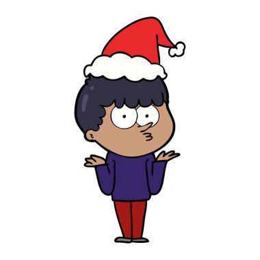 el çizilen çizgi çizme, Noel Baba şapkası giyen omuz shrugging meraklı bir çocuk
