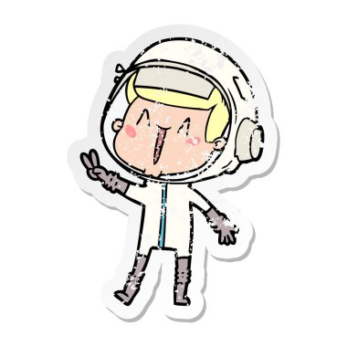 barış işareti veren bir mutlu karikatür astronotun sıkıntılı etiket