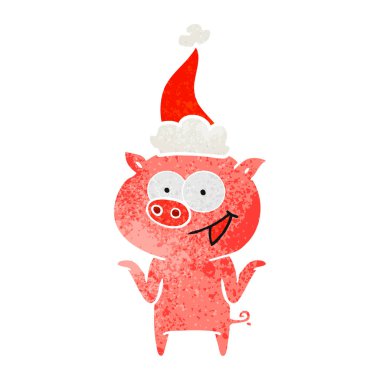 Noel Baba şapkası giyen yok endişe ile domuz bir el çekilmiş retro çizgi film