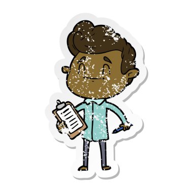 kalem ve Pano ile mutlu karikatür insanın sıkıntılı etiket