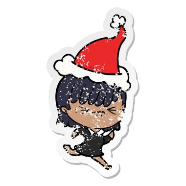sıkıntılı etiket karikatür Noel Baba şapkası giyen bir kız rahatsız
