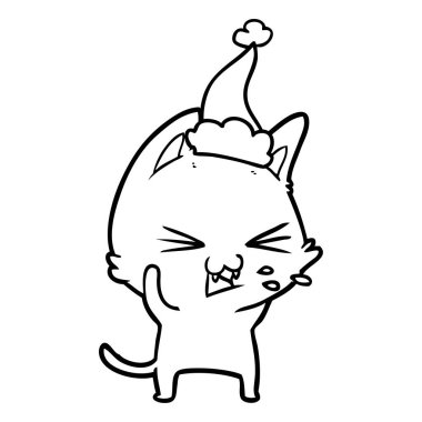 çizgi çizme giyen Noel Baba şapkası tıslama bir kedi