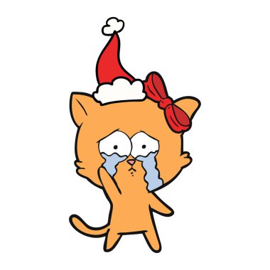 çizim için Noel Baba şapkası giyen bir kedi el çekilmiş