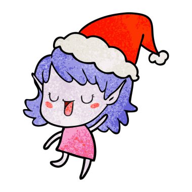 Noel Baba şapkası giyen bir elf kızın dokulu çizgi film el çekilmiş