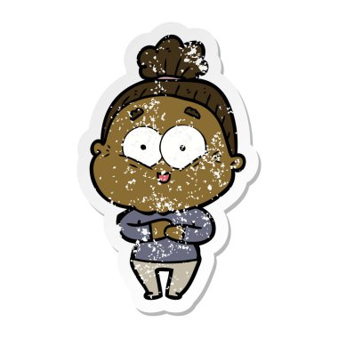 bir karikatür mutlu yaşlı kadının sıkıntılı etiket