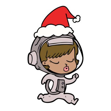 çizilen çizgi çizme giyen Noel Baba şapkası çalıştıran bir güzel astronot kızın el