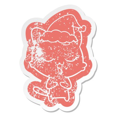 mutlu ilginç çizgi film Noel Baba şapkası giyen bir kedi etiket sıkıntılı