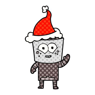 Noel Baba şapkası giyen bir robot sallayarak Merhaba çizgi roman tarzı Illustration mutlu el çekilmiş