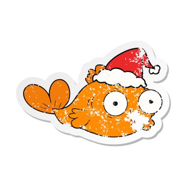  Mutlu Akvaryum balığı el çekilmiş sıkıntılı etiket karikatür giyen Noel Baba şapkası