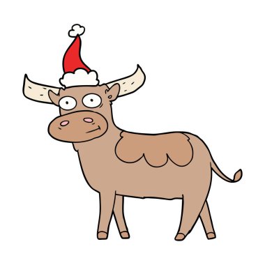 çizim için Noel Baba şapkası giyen boğa el çekilmiş